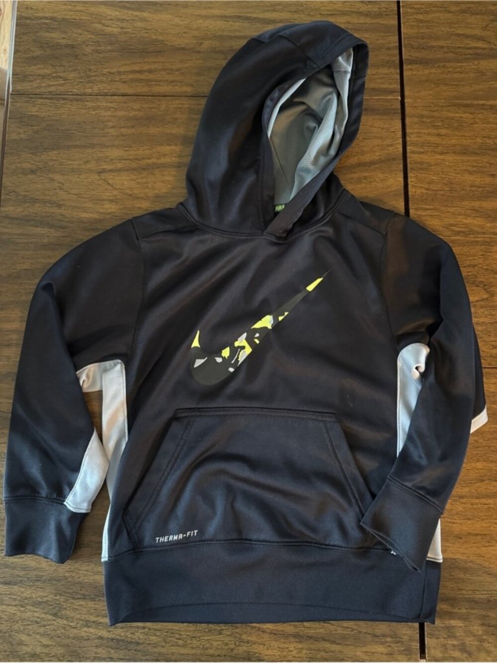 Nike Kid’s Black Hoodie with Gray Panels and Yellow Accent Swoosh